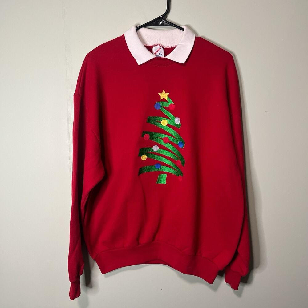Vintage 90s Size L Christmas Tree Sweatshirt Red Crewneck Embroidered Retro